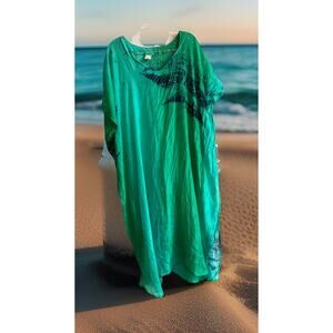 Sea Green Kaftan Beach Dress Cover Up BOHO Resort Sheer Tie Dyed Blue SOUQ XL OS